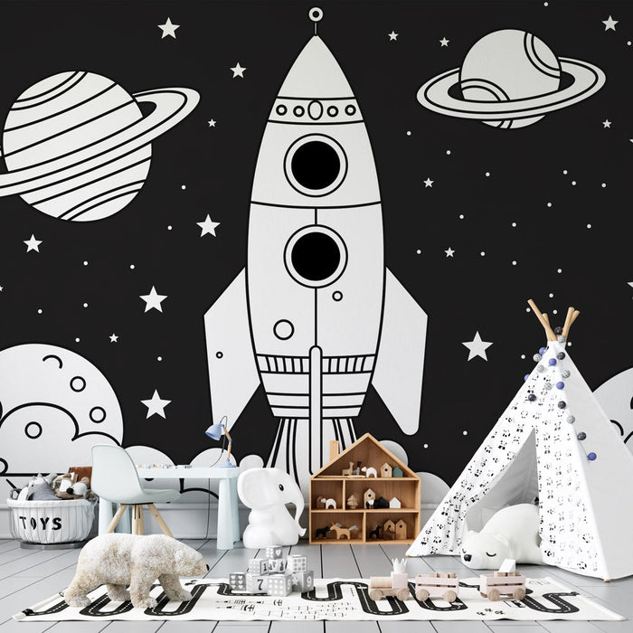 Mural Wallpaper coloring | Rocket launch in black and white