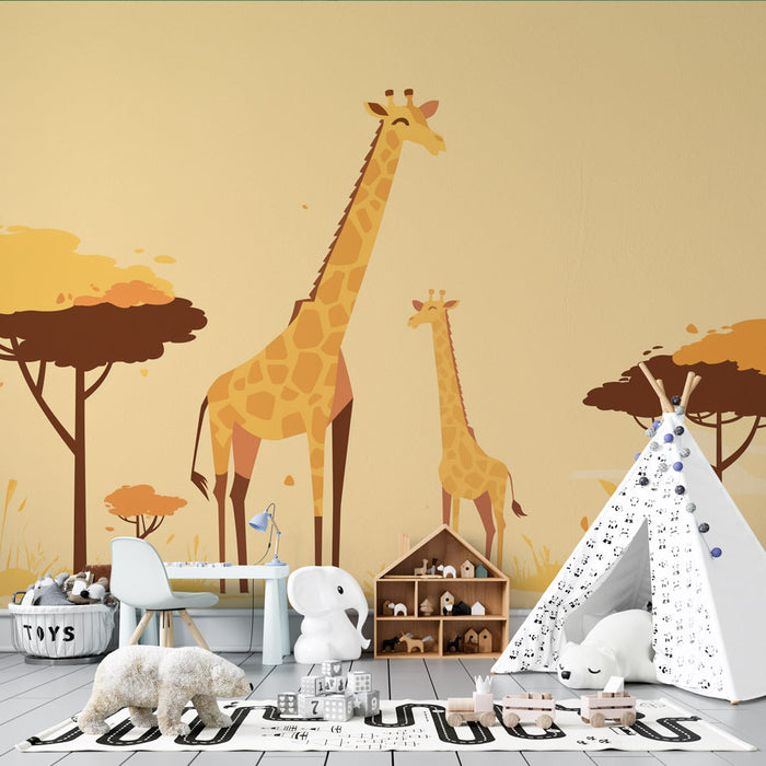 Giraffe and Giraffe Calf Mural Wallpaper | Drawing in the Savannah