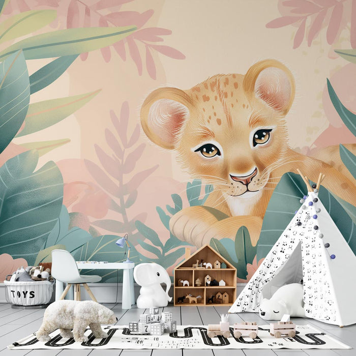 Lion Cub Mural Wallpaper | Pastel Colors in the Jungle