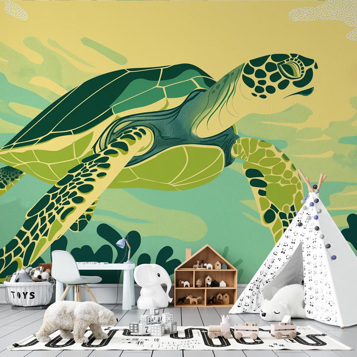 Turtle Mural Wallpaper | Swimming in the Green-Toned Ocean