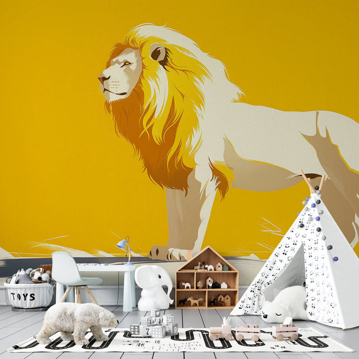 Lion Mural Wallpaper | King of the Savannah on Yellow Background