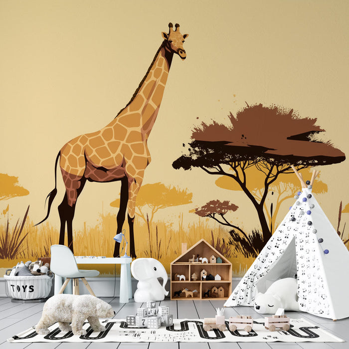 Giraffe Behang | Boom en Savanne in Geel en Bruin