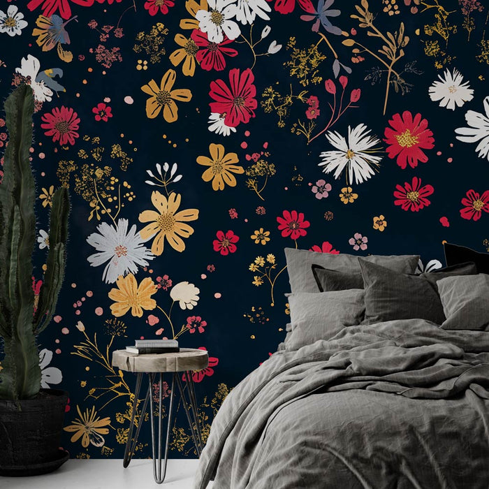 Mural Wallpaper flowers | Small red white yellow flowers on dark background