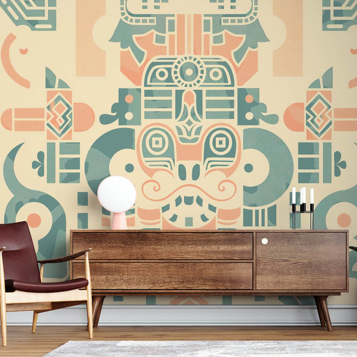 Mural Wallpaper etnisk Maya | Tempel symbol i pastell