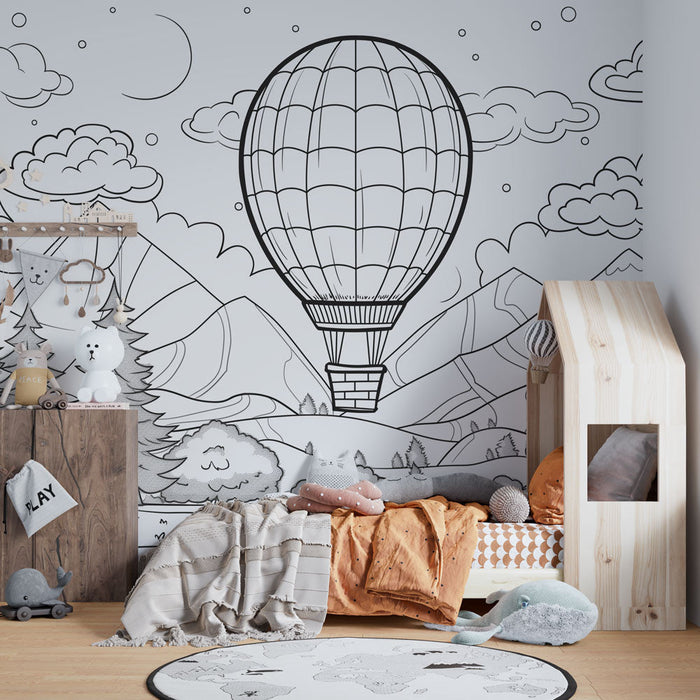 Mural Wallpaper coloring | Hot air balloon between fields and mountains