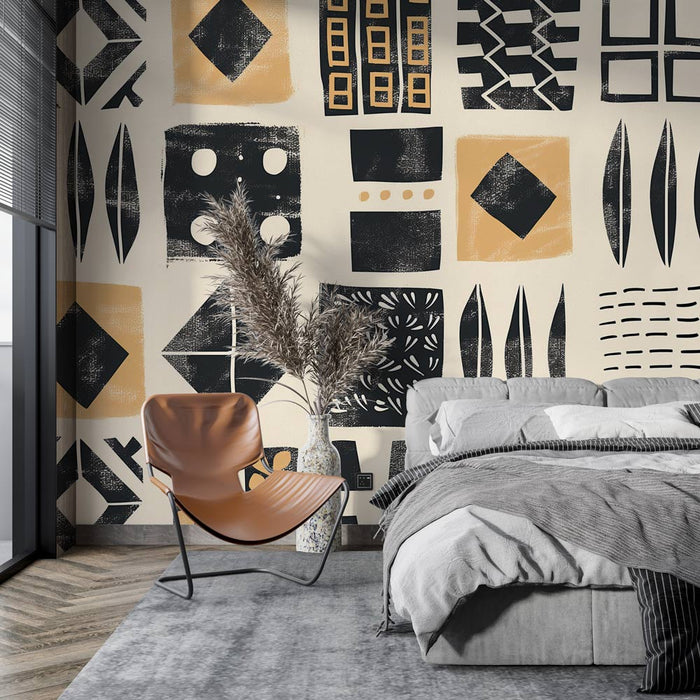 African Ethnic Mural Wallpaper | Beige and Black Patterns