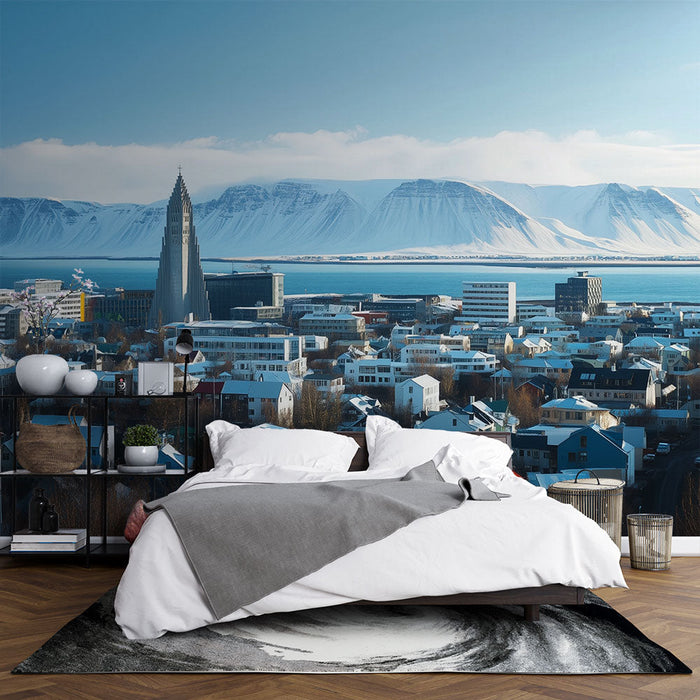 Fototapeta urbana pokrajina | Snezno mesto ob vznozju gora