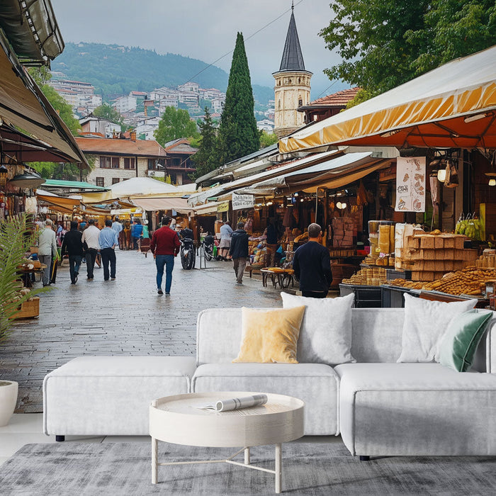 Papel de parede urbano mercado | Cena de rua animada