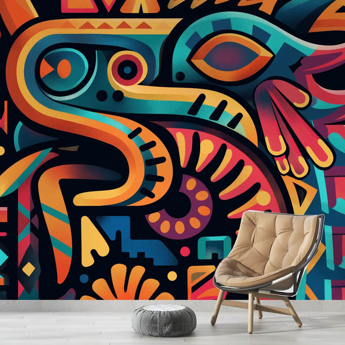 Mural Wallpaper ethnic Aztec inspiration | Colorful graffiti