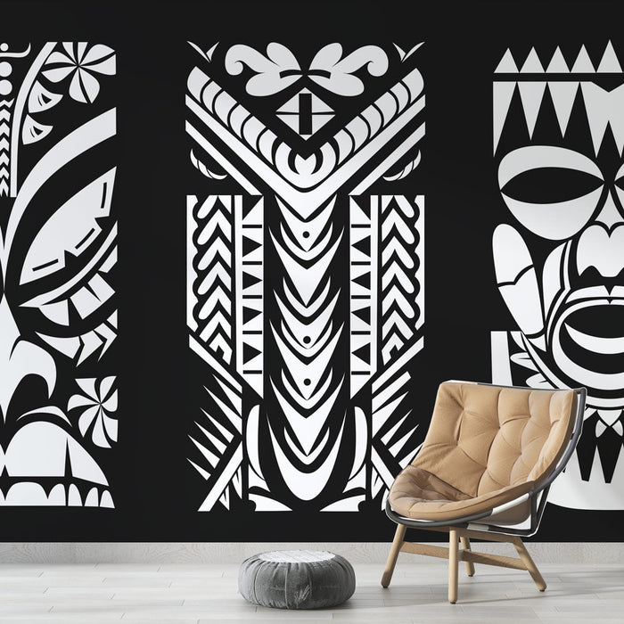 Polinezya etnik Duvar Kağıdı | Siyah zemin üzerinde beyaz kabile totemleri