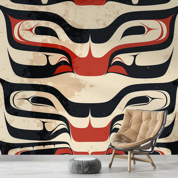 Mural Wallpaper ethnic Inuit | Beige background with black and red tribal patterns