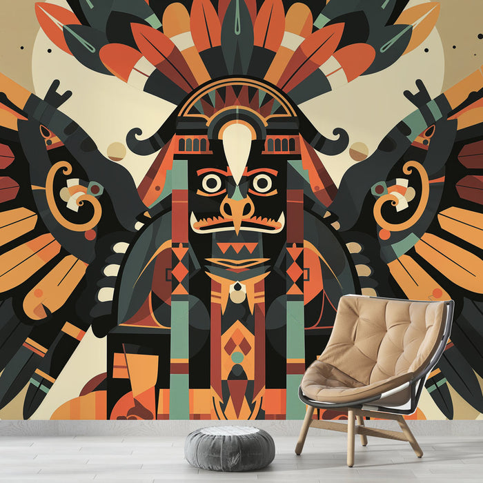 Ethnic Mural Wallpaper Mayan God | Winged God in Drawing