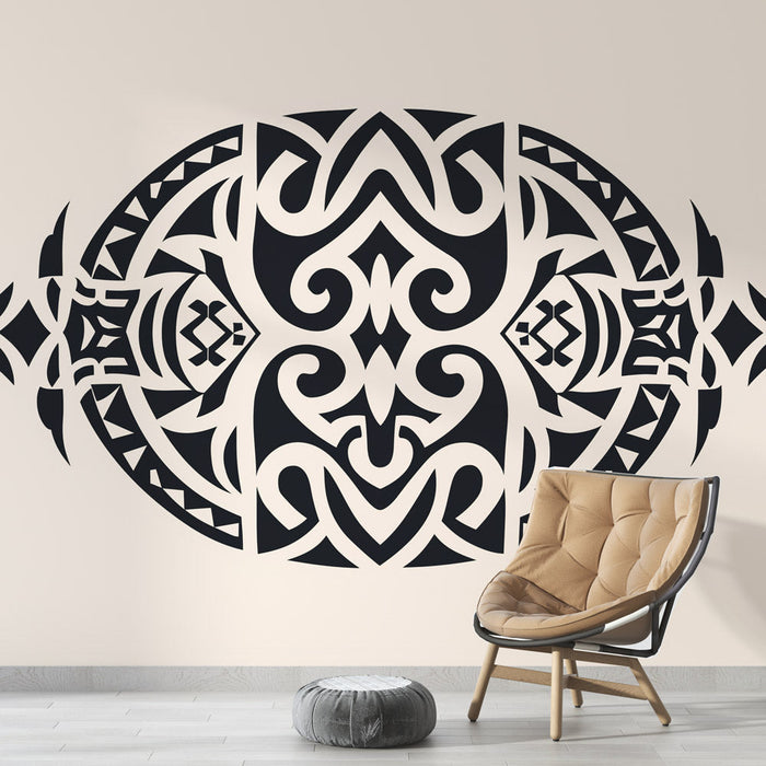 Polinezya Etnik Duvar Kağıdı | Bej Arka Plan Üzerine Siyah Dövme