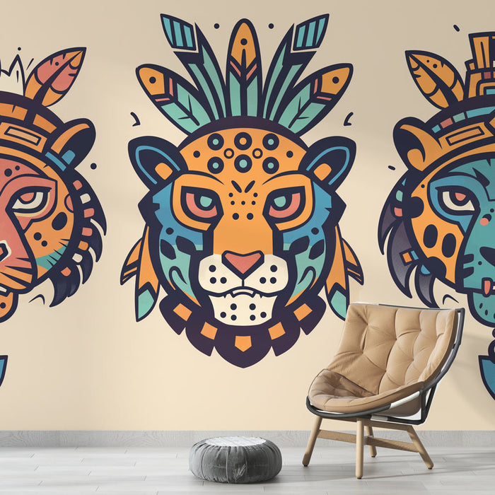 Mural Wallpaper ethnic Aztec | Three jaguar heads on beige background