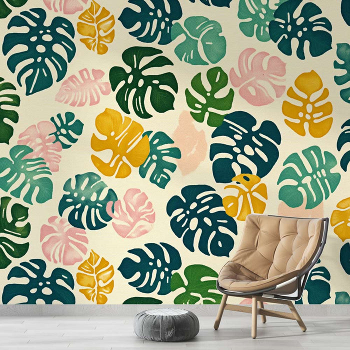 Tapeta monstera | Małe zielone, żółte i niebieskie liście monstery