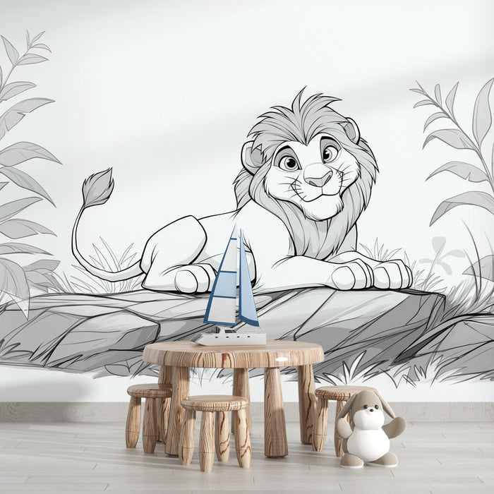 Mural Wallpaper coloring | Young lion black and white sketch style