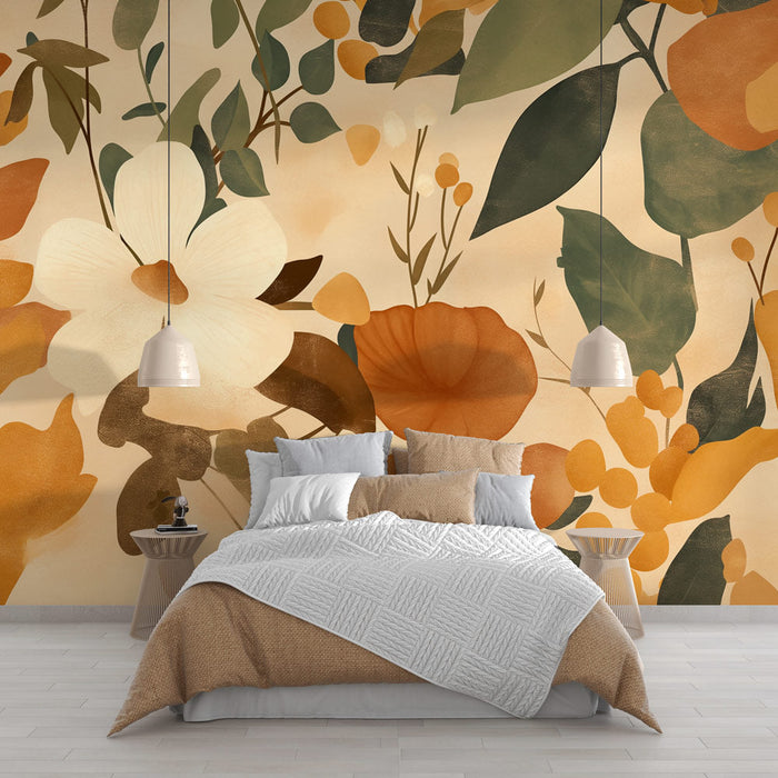 Bohemian Mural Wallpaper | Orange Leaves and Flowers