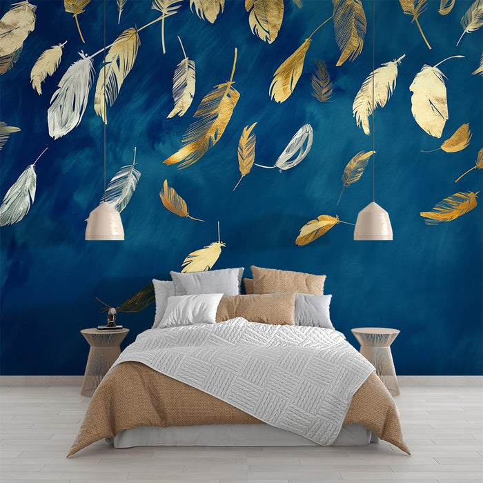 Feather Mural Wallpaper | Design of Gold and White Feathers