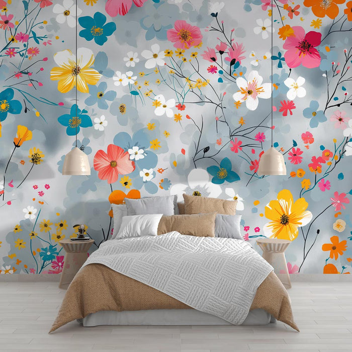 Mural Wallpaper flowers | Small multicolored flowers on gray background