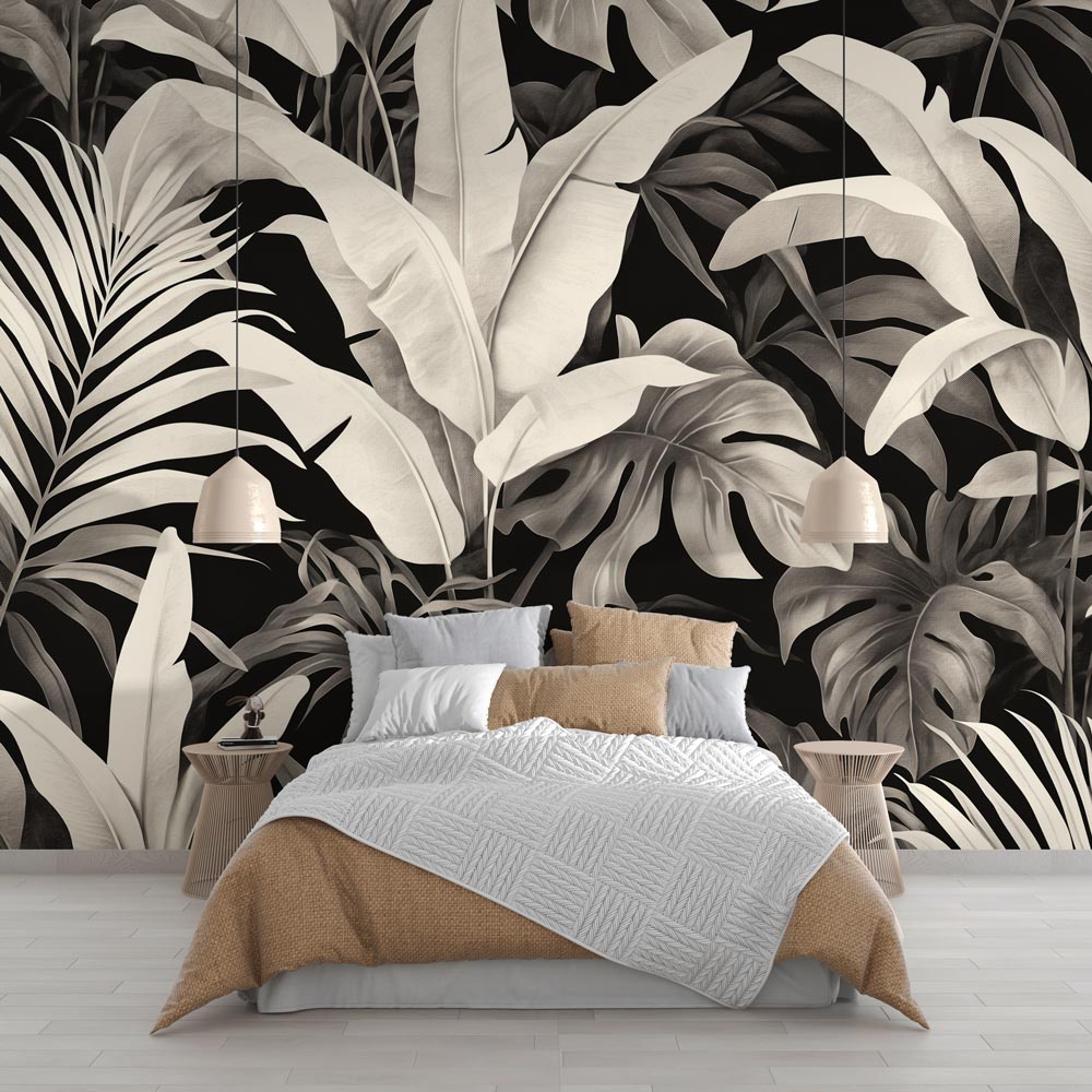 Tropical Mural Wallpaper | Aged Black and White — WonderMural