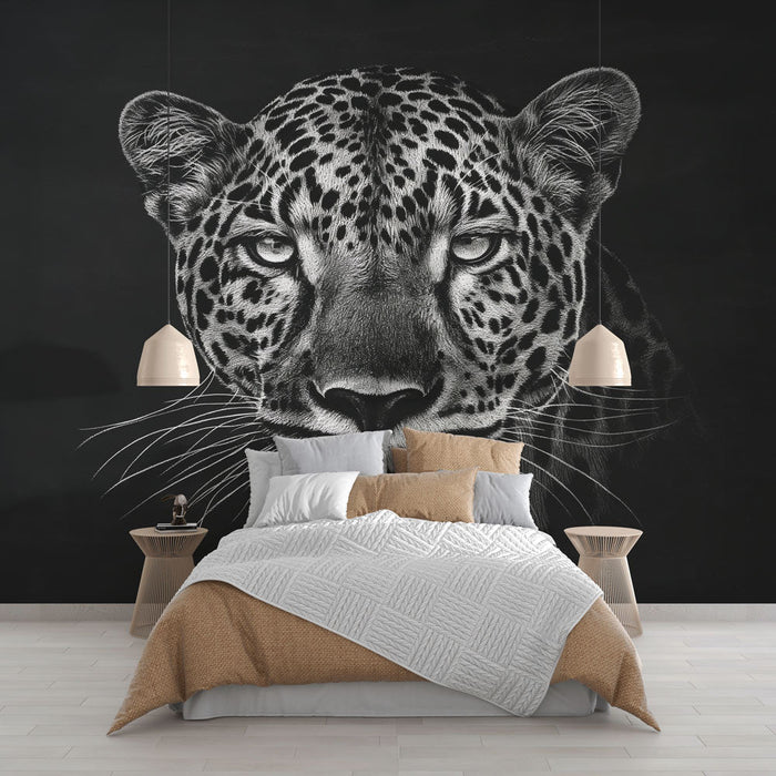 Papel de parede com estampa de leopardo | Retrato desenhado à mão em preto e branco