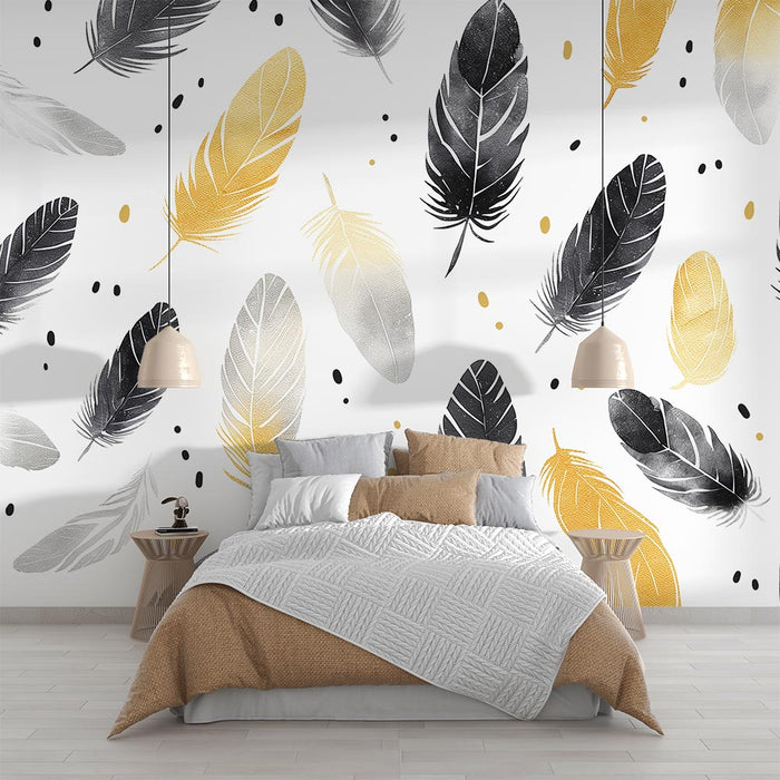 Papel pintado | Diseño de plumas en blanco y negro con detalles dorados