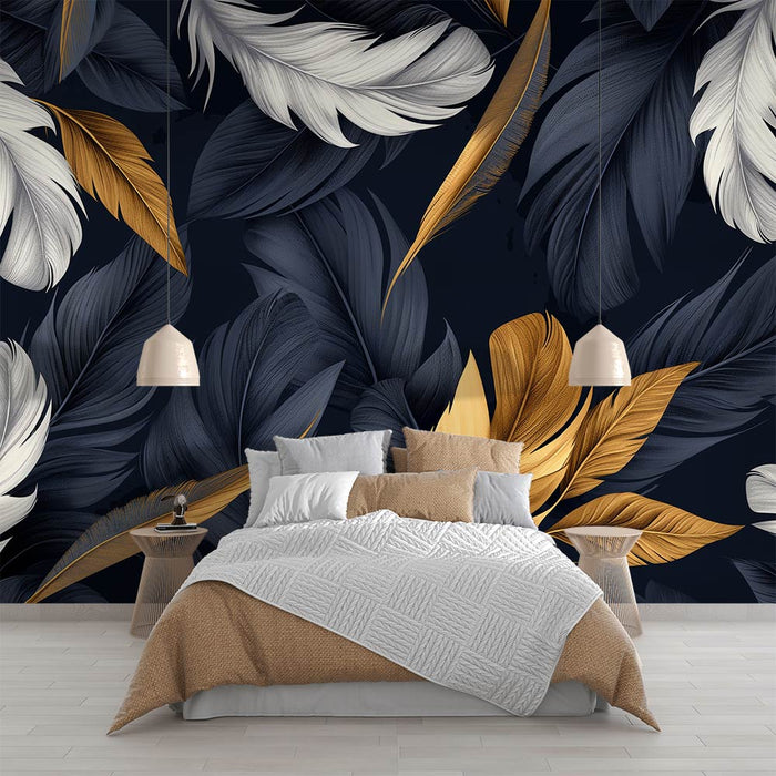 Feather Mural Wallpaper | Navy Gold and White