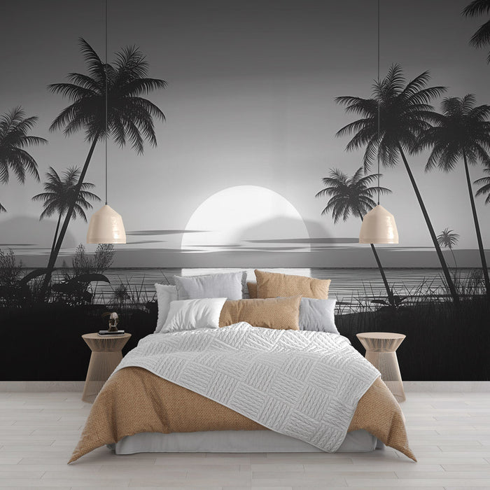 Zonsondergang Behang | Palmboom en Zwart-wit Monochroom