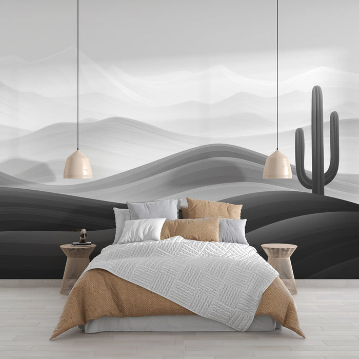 Desert and Cactus Mural Wallpaper | Black and White Monochrome Drawing