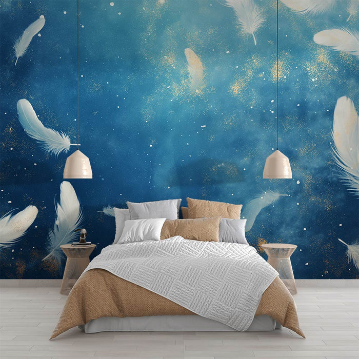 Feather Mural Wallpaper | Blue and White with Gold Dust