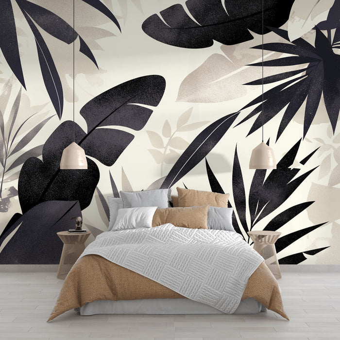 Papel pintado tropical | Contemporáneo blanco y negro