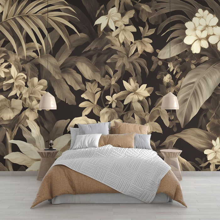 Papel de parede mural tropical preto e branco | Vegetação envelhecida