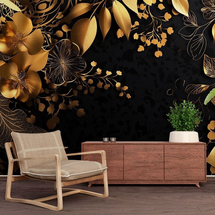 Gyldne blomster Fototapet | Elegance og luksus på en sort baggrund