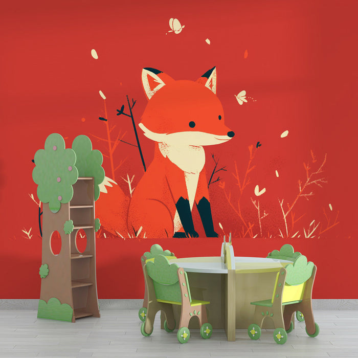 Papel de Parede da Raposa | Fuga da Floresta em Fundo Vermelho