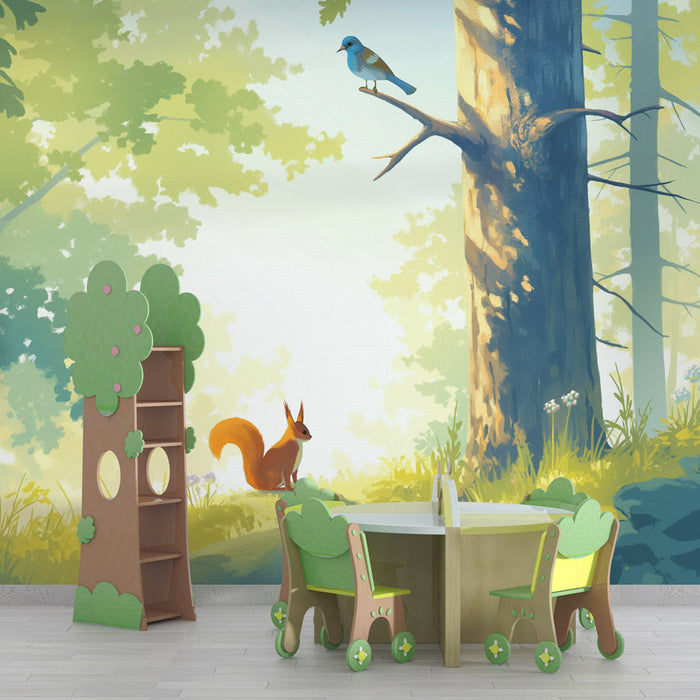 Forest Mural Wallpaper | Bird and Squirrel