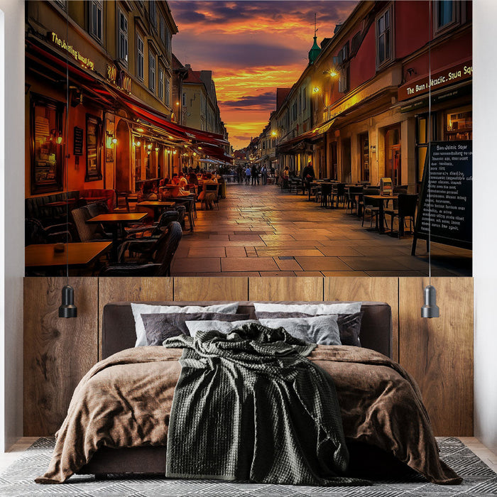 Carta da parati urbana | Tramonto in una strada affollata