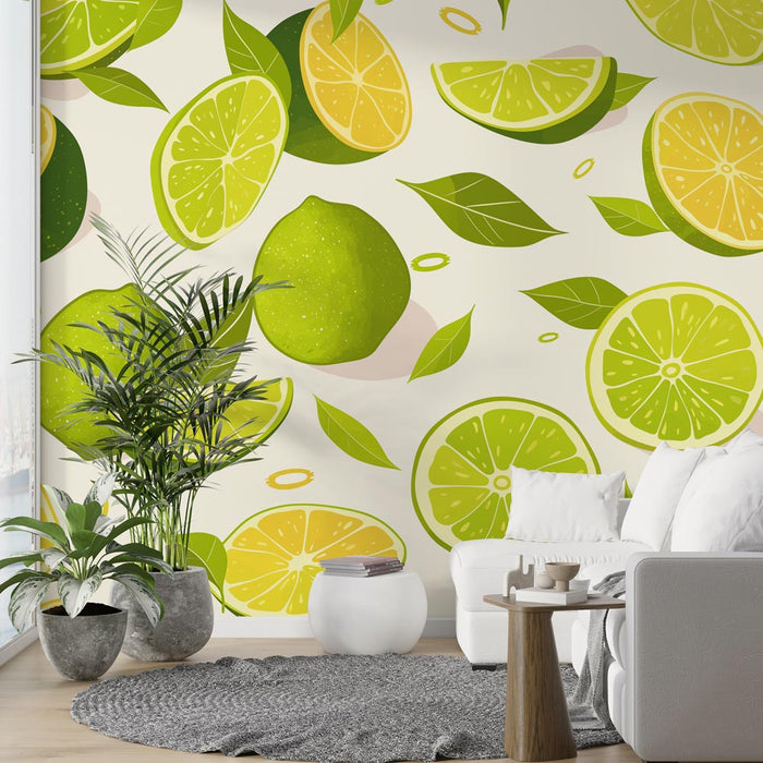 Lime Green Mural Wallpaper | Lemons and Green Leaves