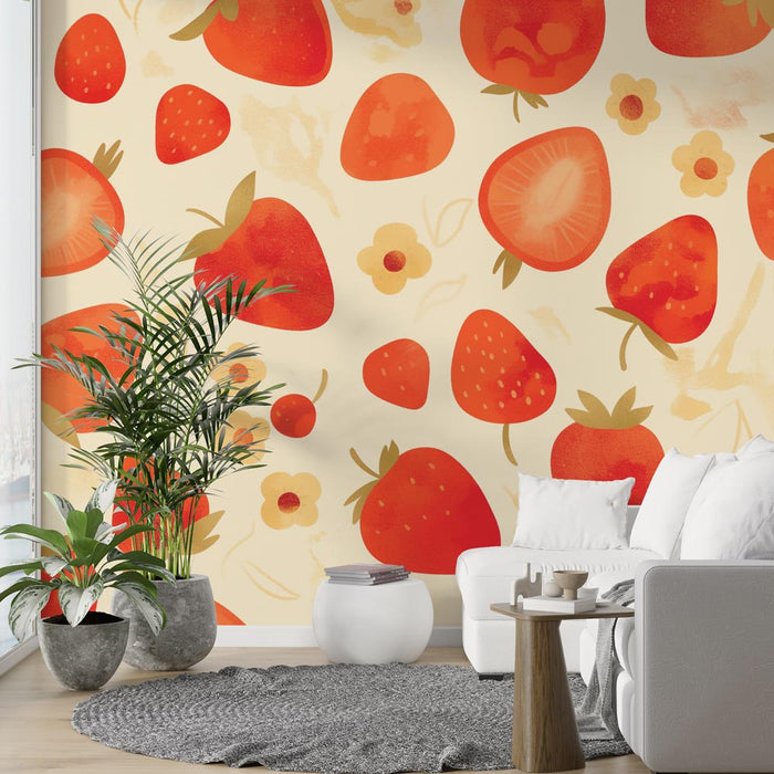 Aardbeienbehang | Bloemen en aardbeien in minimalistische stijl