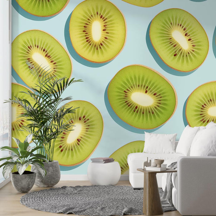 Kiwi Mural Wallpaper | Pastel Blue Background