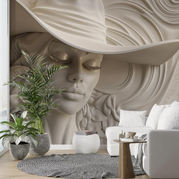 Trompe l'oeil Mural Wallpaper | Frau mit Hut Skulptur