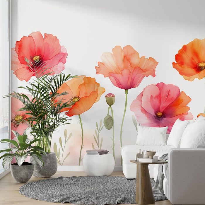 Papel de parede floral | Papoulas vermelhas e rosas