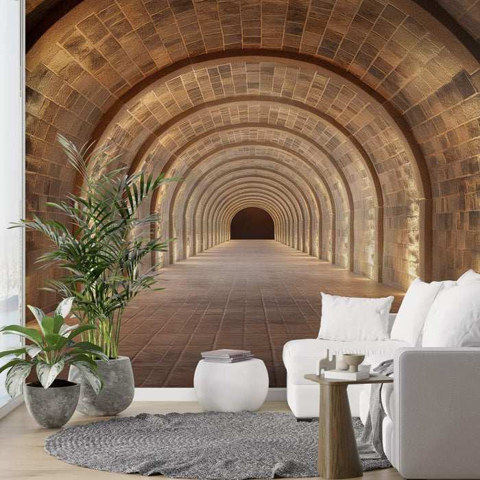 Mural Wallpaper Optical Illusion | Illuminated Stone Tunnel