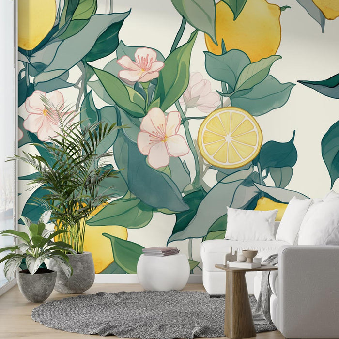 Lemon Wallpaper | Lemons and Flowers Drawing Style