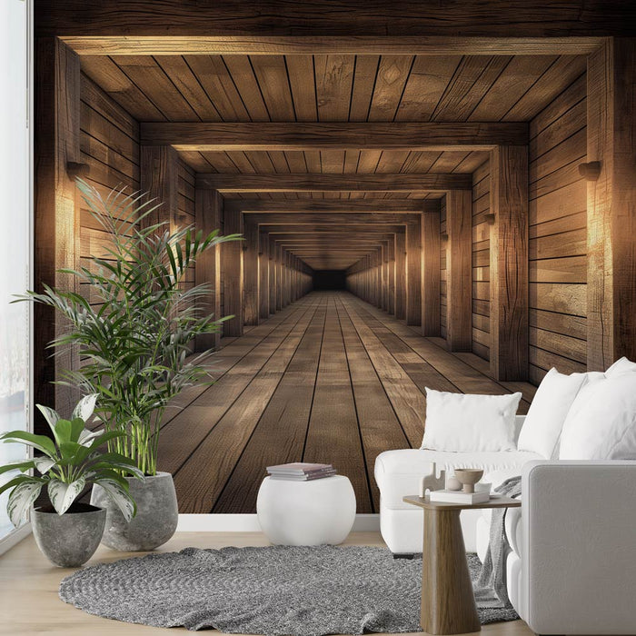 Foto Behang Trompe l'oeil | Vierkante Houten Tunnel