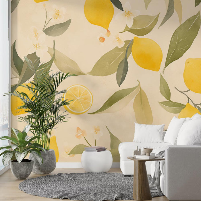 Lemon Wallpaper | Leaves and Lemons on Beige Background