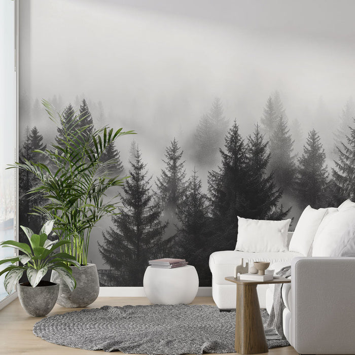 Pine Forest and Mist Mural Wallpaper | Black and White Monochrome