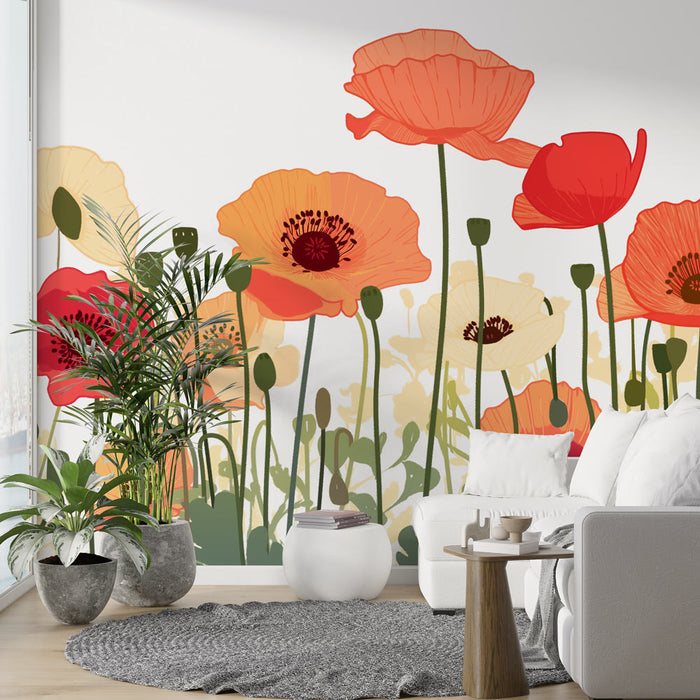 Poppy Mural Wallpaper | Drawing on White Background