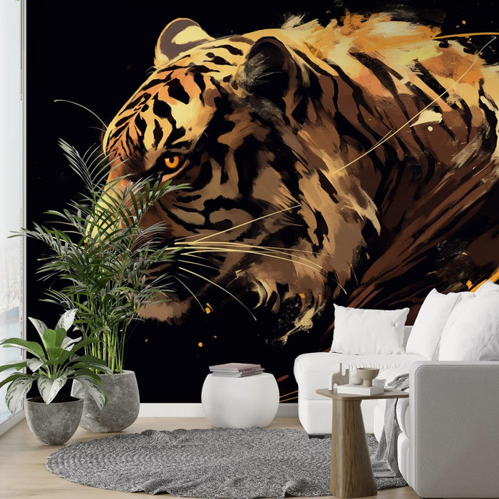 Tiger Mural Wallpaper | Gullmaling på svart bakgrunn