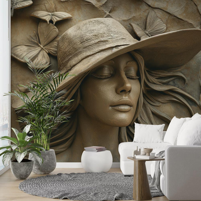 Trompe l'oeil Mural Tapetti | Woman and Butterflies Sculpture