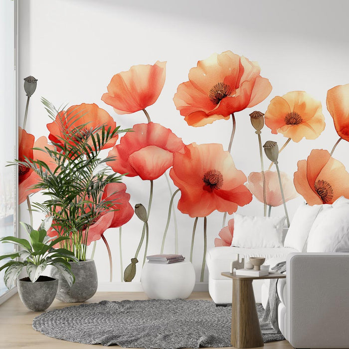 Floral Wallpaper | Red Poppies in Painting on White Background